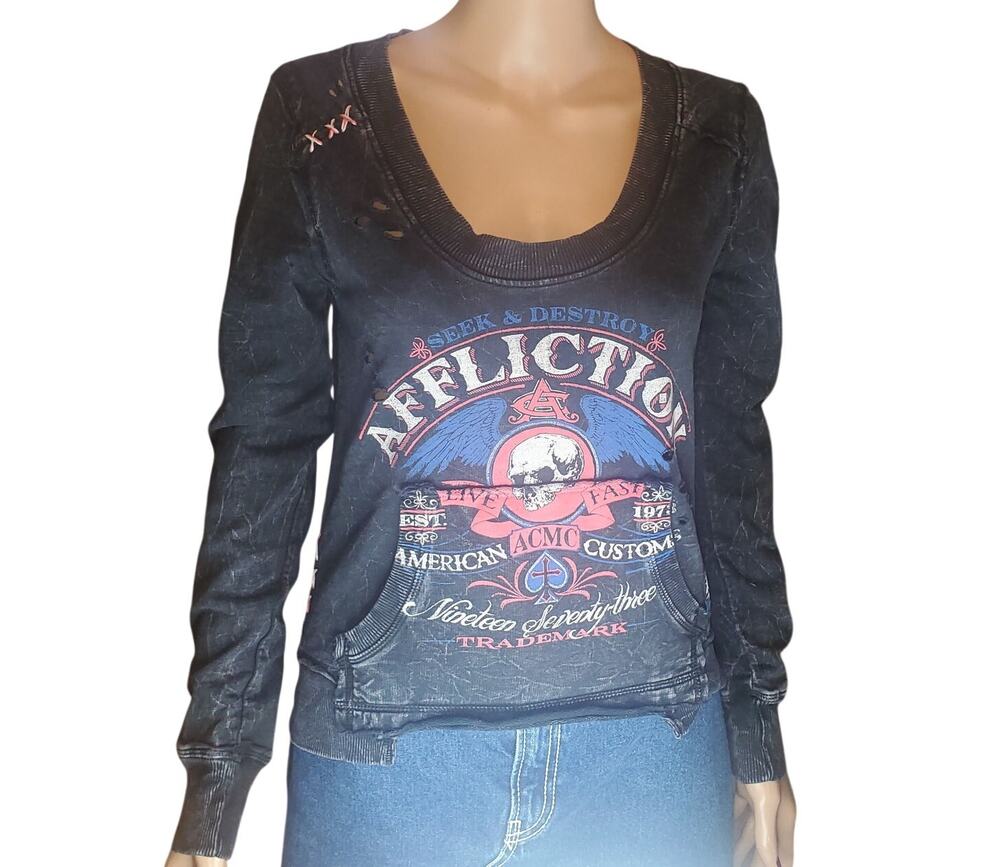 Vintage Y2K Affliction Distressed Skull Wing Mineral Wash Sweatshirt Women's M